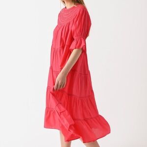 Merlette NY Paradis Eyelet Tiered Midi Dress Sz XXL Pink 100% Cotton Puff Sleeve